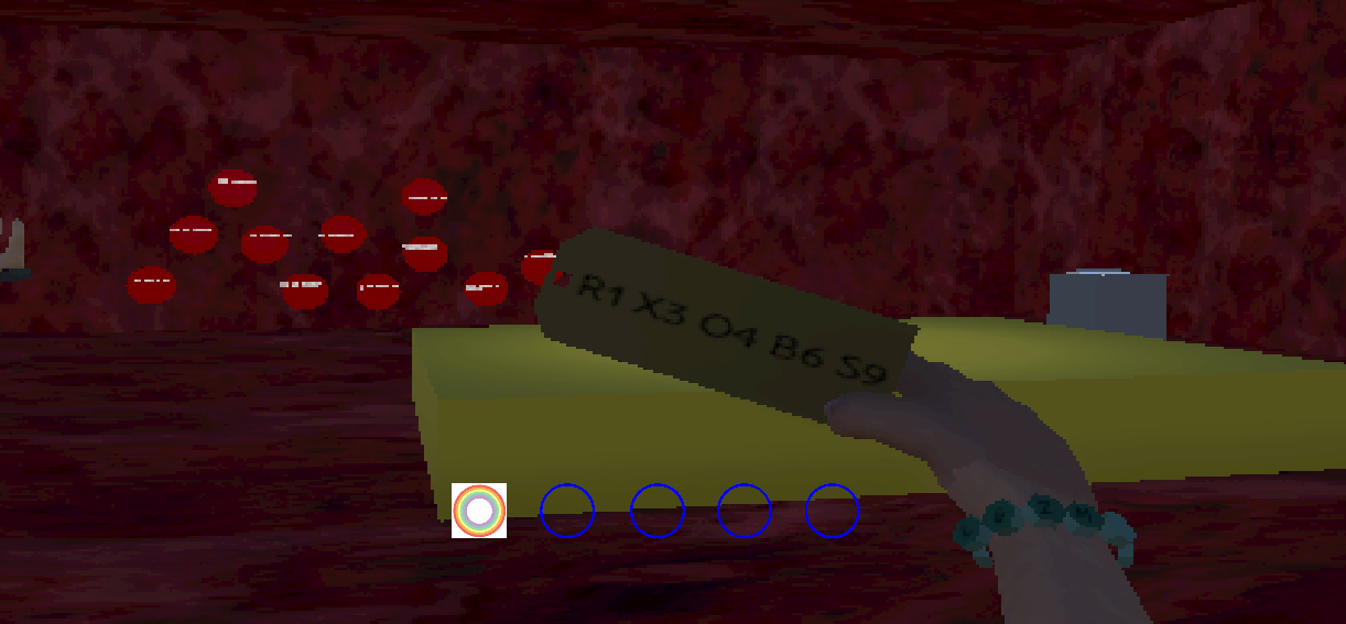 First-person gameplay showing a code clue and puzzle slots