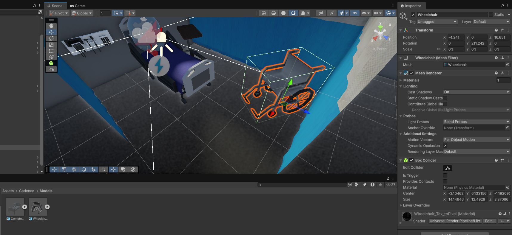 Wheelchair integrated into a patient room in Unity