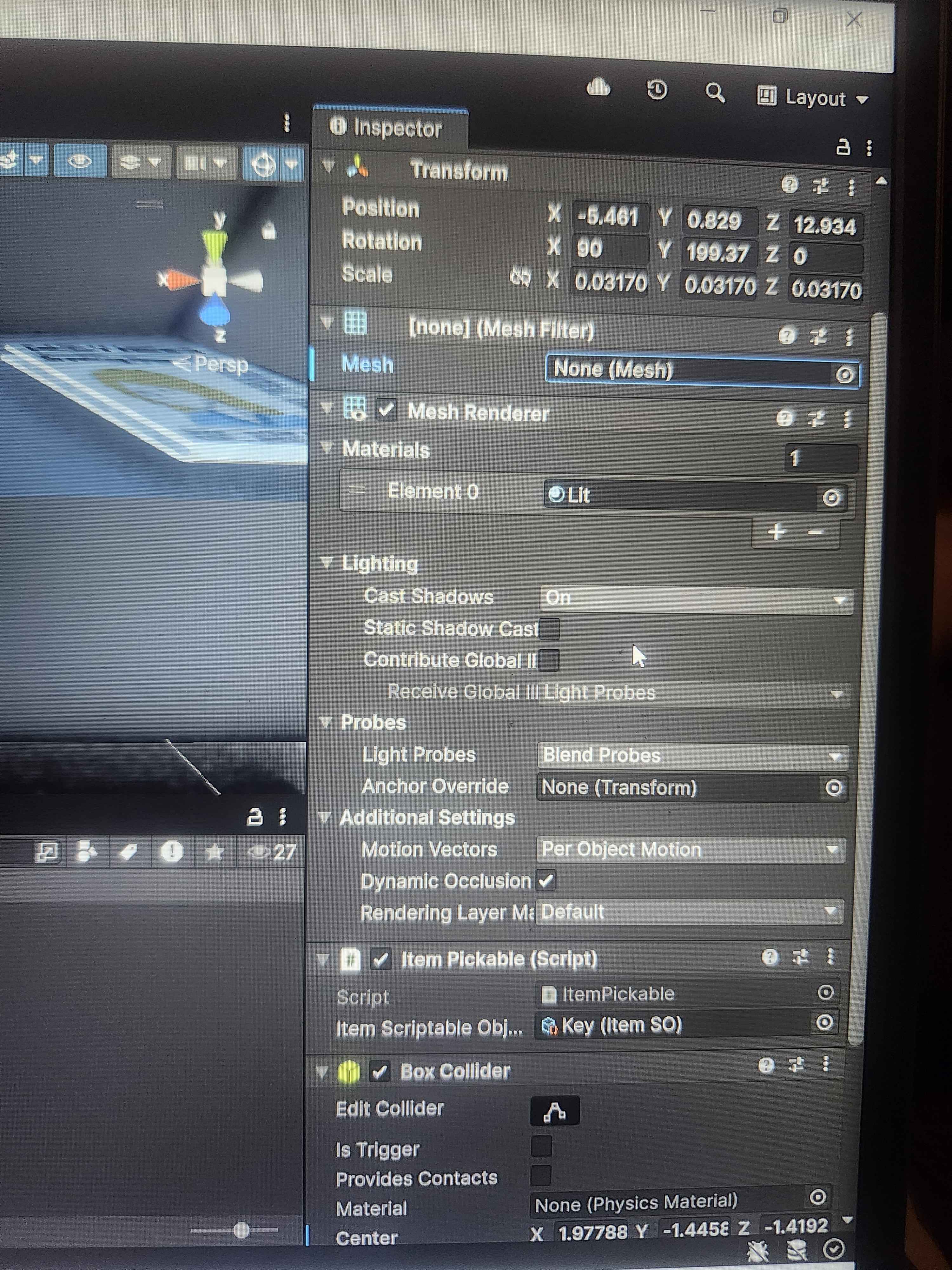 Unity inspector showing pickup item script configuration