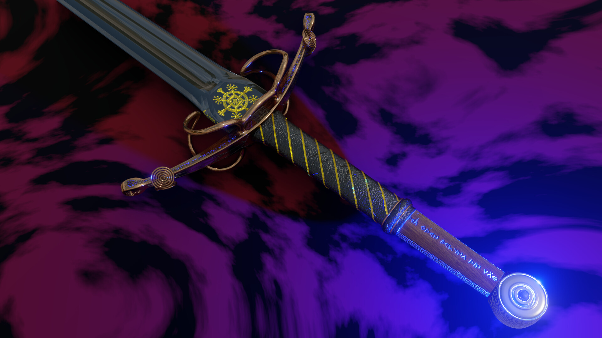 Ornate fantasy sword presented against purple clouds